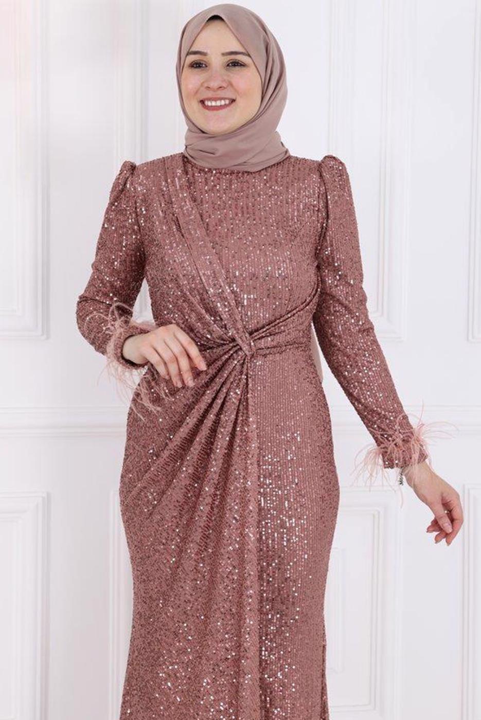 Vêtements hijab ROSE ROBE DE SOIRÉE MODESTE À SEQUINS T 3953
