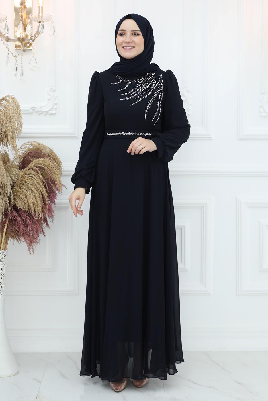 Tesettür giyim SİYAH TAŞ DETAYLI ABİYE ELBİSE T 4653