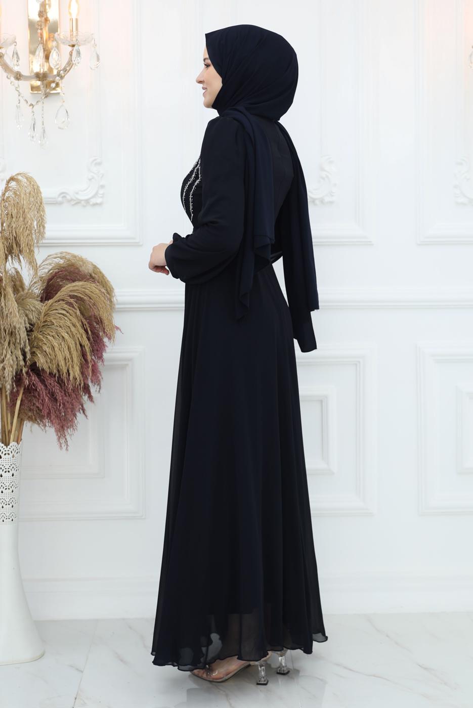 Tesettür giyim SİYAH TAŞ DETAYLI ABİYE ELBİSE T 4653