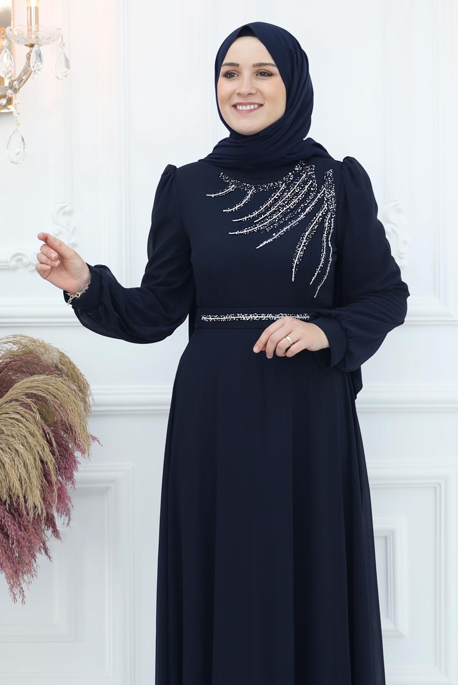 Tesettür giyim LACİVERT TAŞ DETAYLI ABİYE ELBİSE T 4653