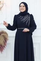 Tesettür giyim LACİVERT TAŞ DETAYLI ABİYE ELBİSE T 4653