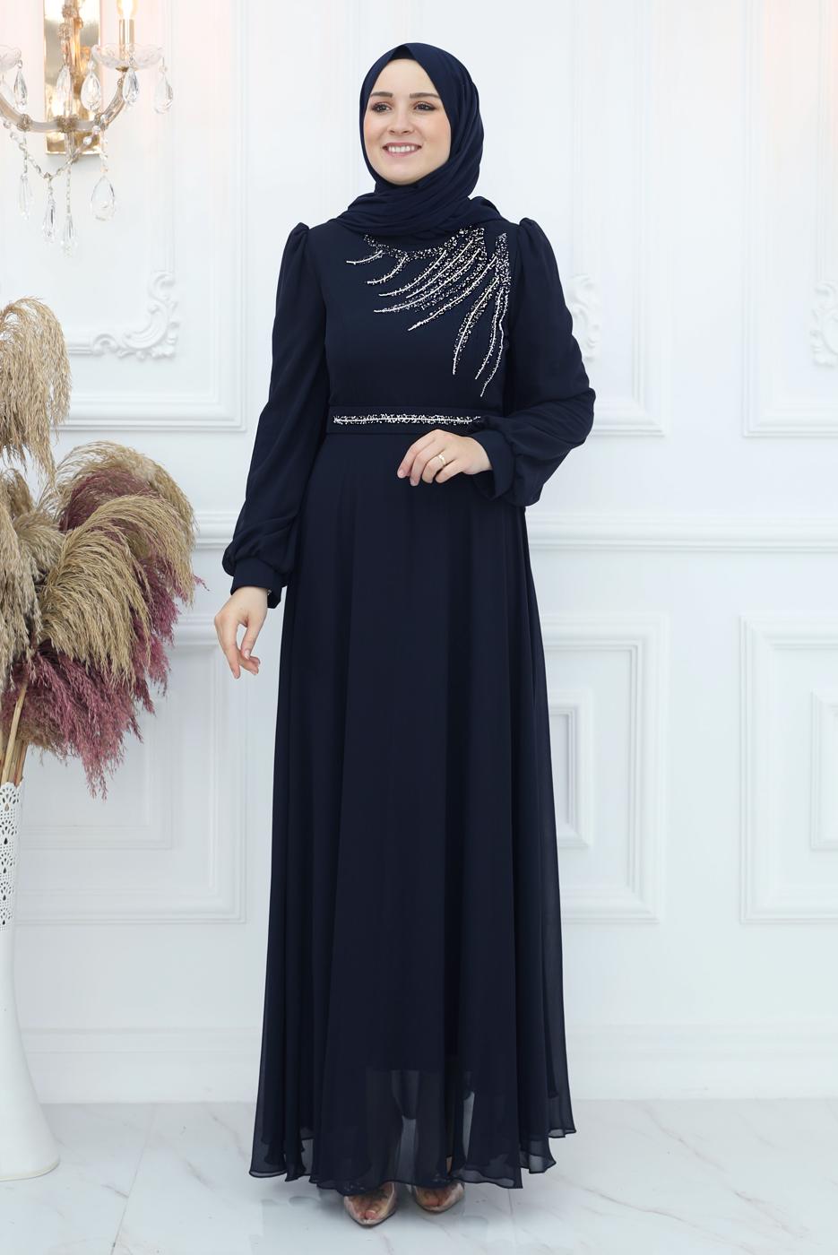 Tesettür giyim LACİVERT TAŞ DETAYLI ABİYE ELBİSE T 4653