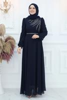 Tesettür giyim LACİVERT TAŞ DETAYLI ABİYE ELBİSE T 4653