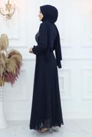 Tesettür giyim LACİVERT TAŞ DETAYLI ABİYE ELBİSE T 4653