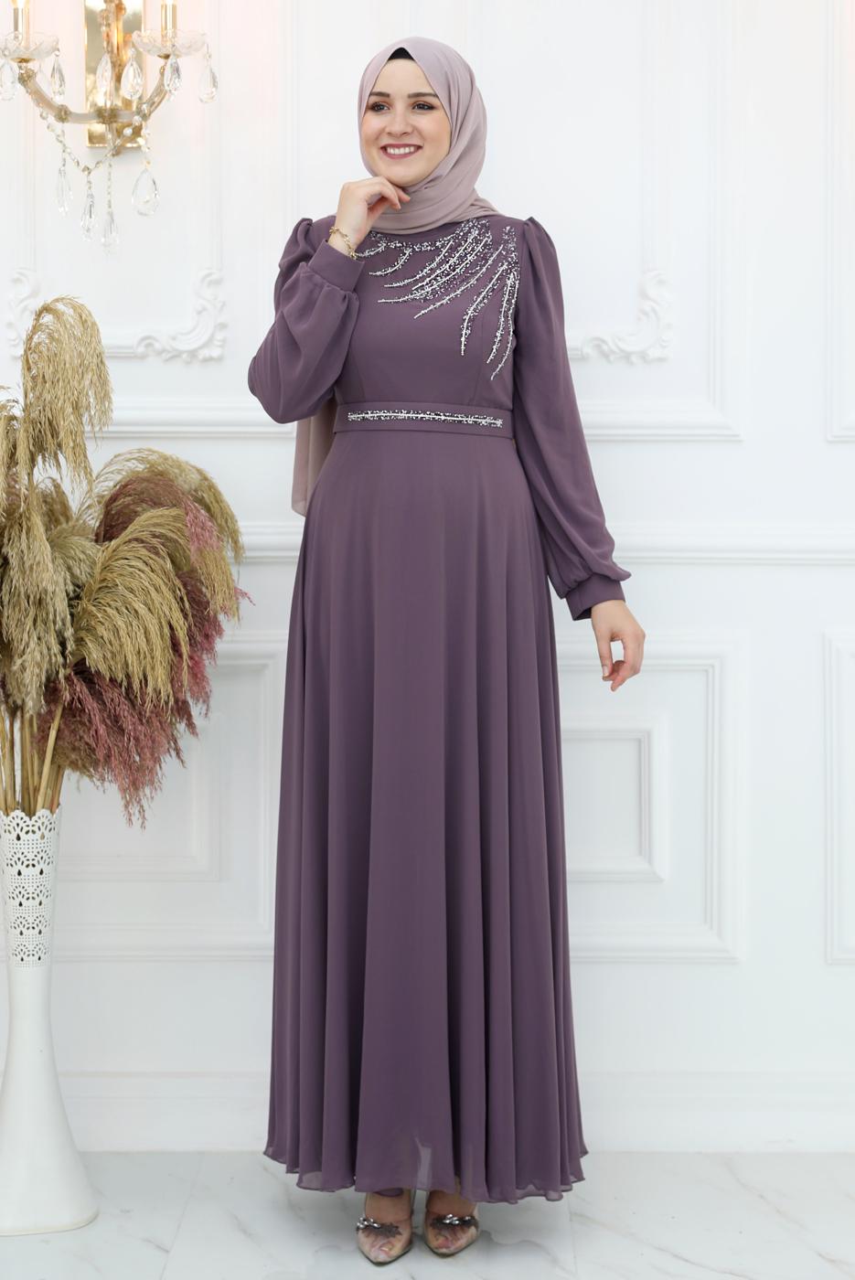 Tesettür giyim MOR TAŞ DETAYLI ABİYE ELBİSE T 4653
