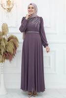 Tesettür giyim MOR TAŞ DETAYLI ABİYE ELBİSE T 4653