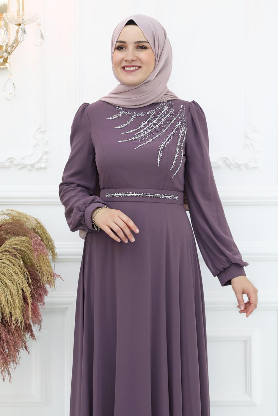 Tesettür giyim MOR TAŞ DETAYLI ABİYE ELBİSE T 4653