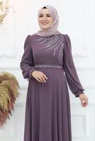 Tesettür giyim MOR TAŞ DETAYLI ABİYE ELBİSE T 4653