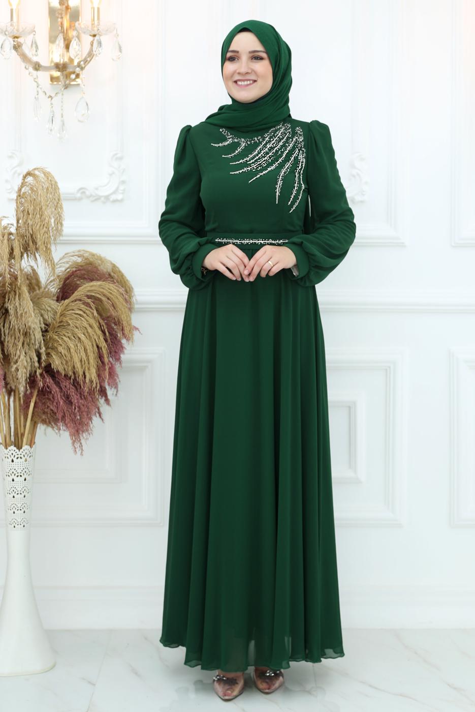 Tesettür giyim YEŞİL TAŞ DETAYLI ABİYE ELBİSE T 4653