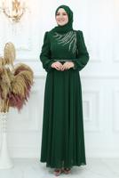 Tesettür giyim YEŞİL TAŞ DETAYLI ABİYE ELBİSE T 4653