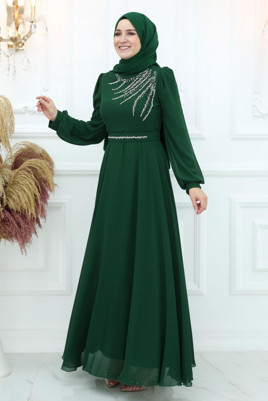 Tesettür giyim YEŞİL TAŞ DETAYLI ABİYE ELBİSE T 4653
