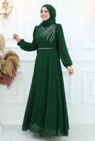 Tesettür giyim YEŞİL TAŞ DETAYLI ABİYE ELBİSE T 4653