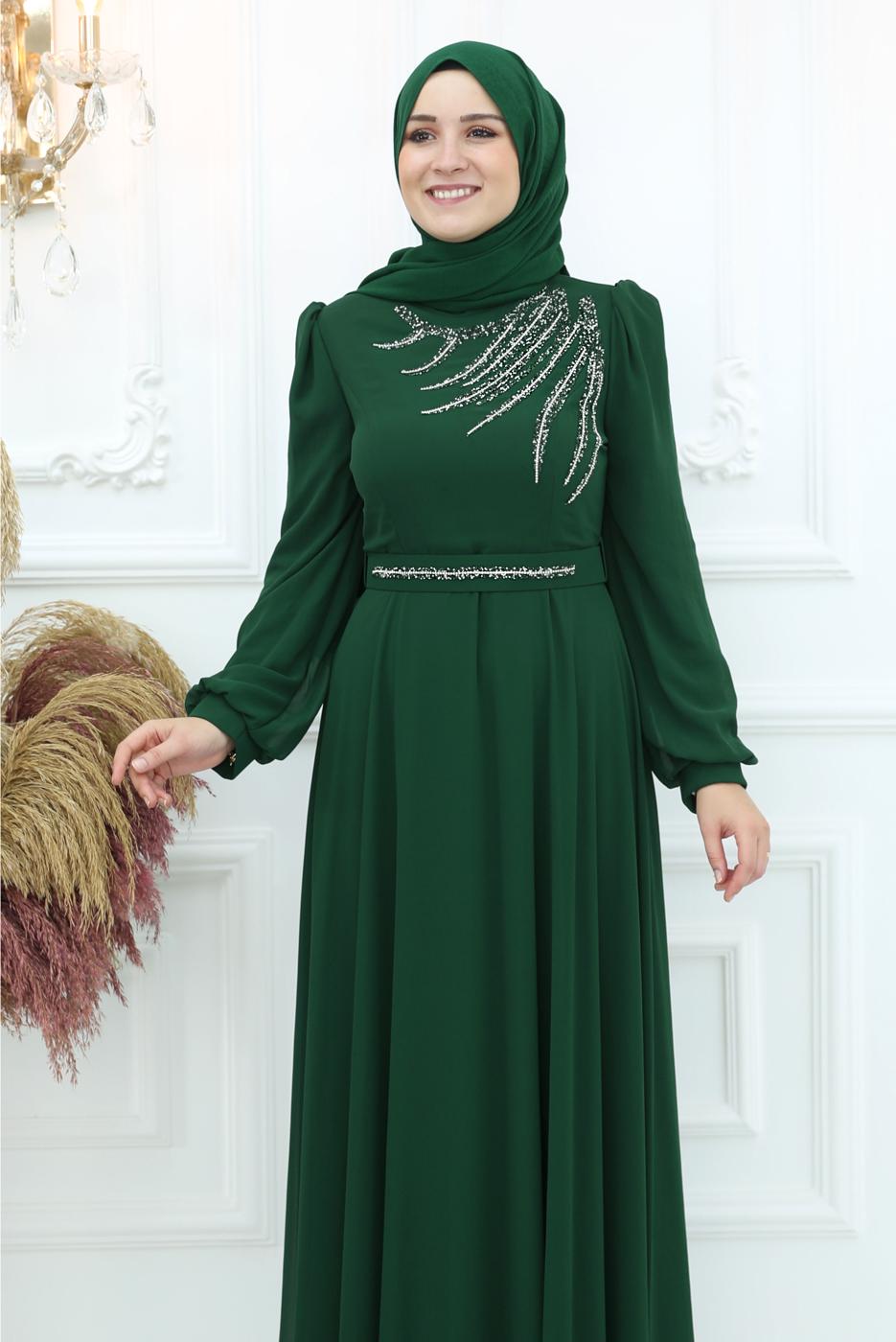 Tesettür giyim YEŞİL TAŞ DETAYLI ABİYE ELBİSE T 4653