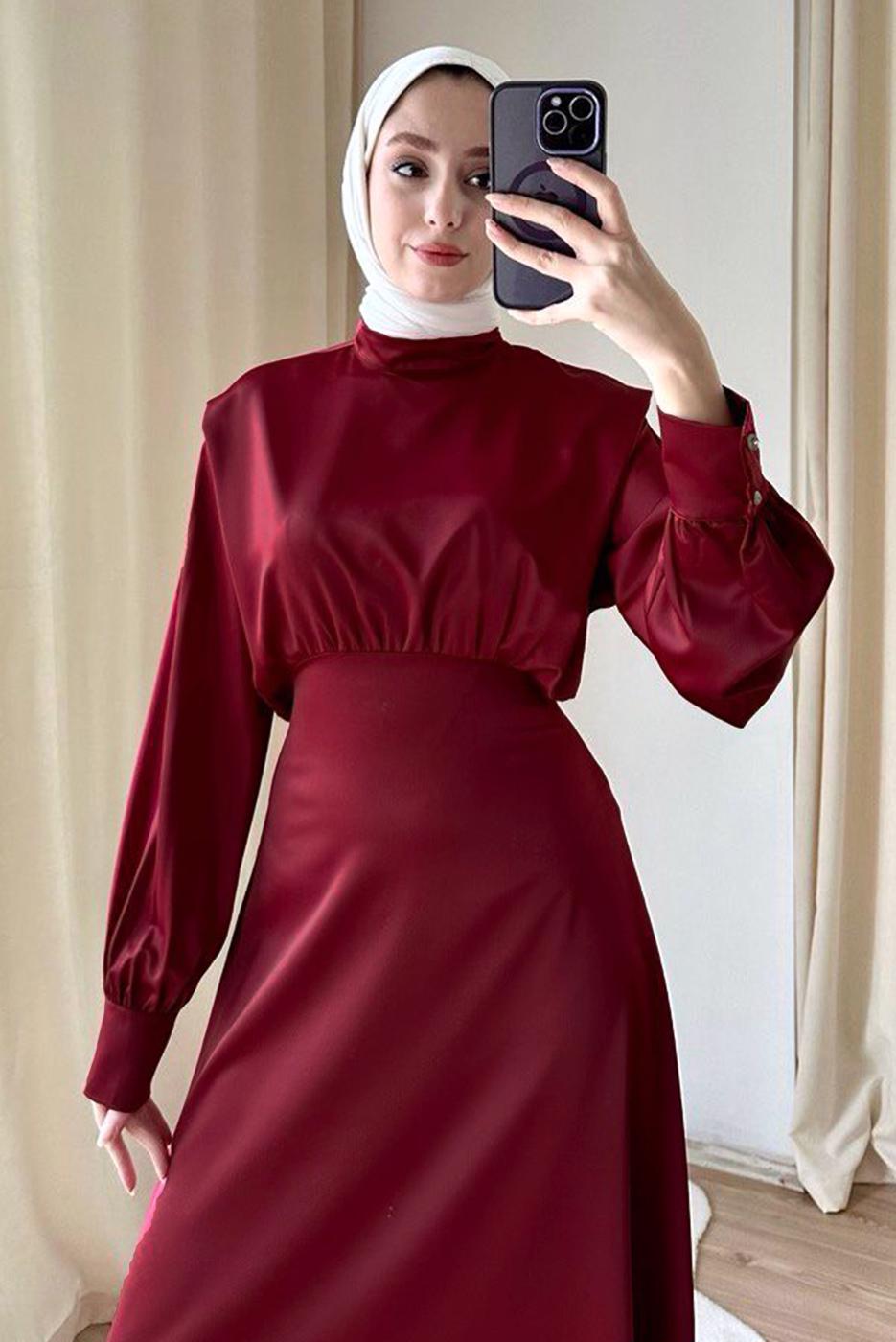 Tesettür giyim BORDO YARASA KOL ABİYE ELBİSE T 4748
