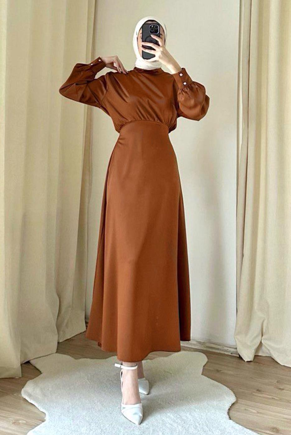 Tesettür giyim KAHVE YARASA KOL ABİYE ELBİSE T 4748