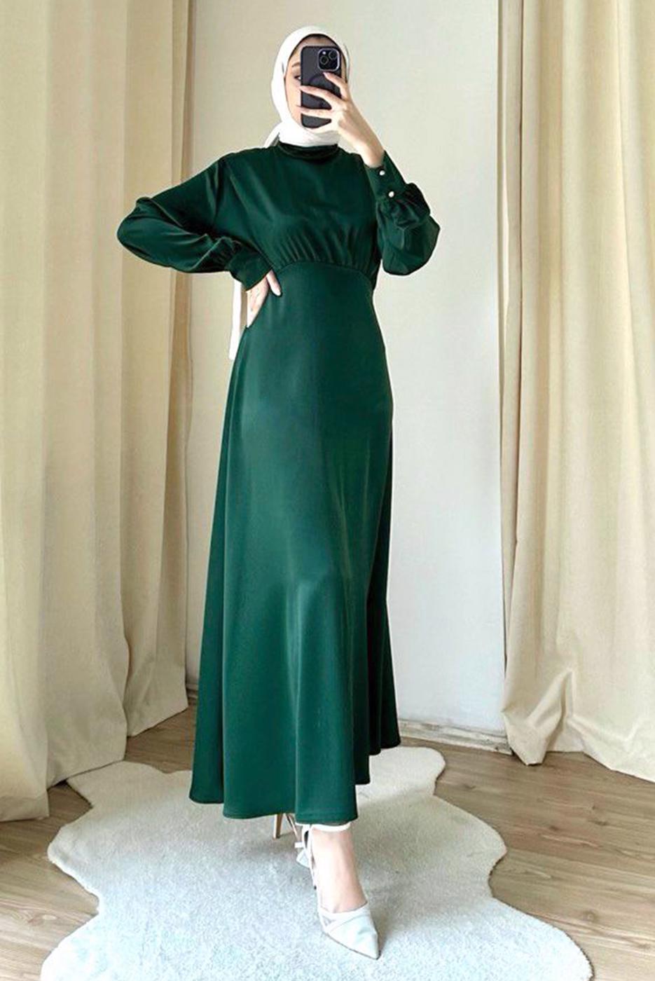 Tesettür giyim YEŞİL YARASA KOL ABİYE ELBİSE T 4748