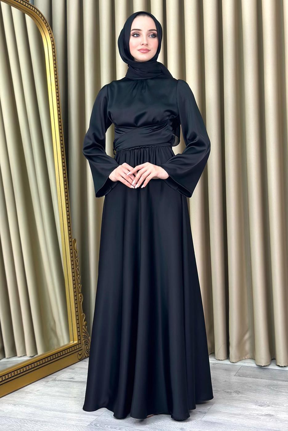 Vêtements hijab NOIR ROBE DE SOIRÉE MODESTE CEINTURE T 5016