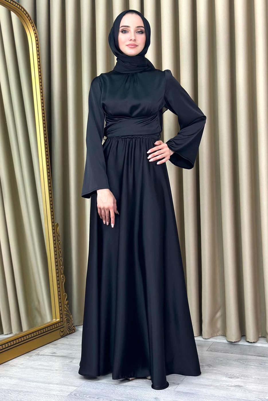 Vêtements hijab NOIR ROBE DE SOIRÉE MODESTE CEINTURE T 5016
