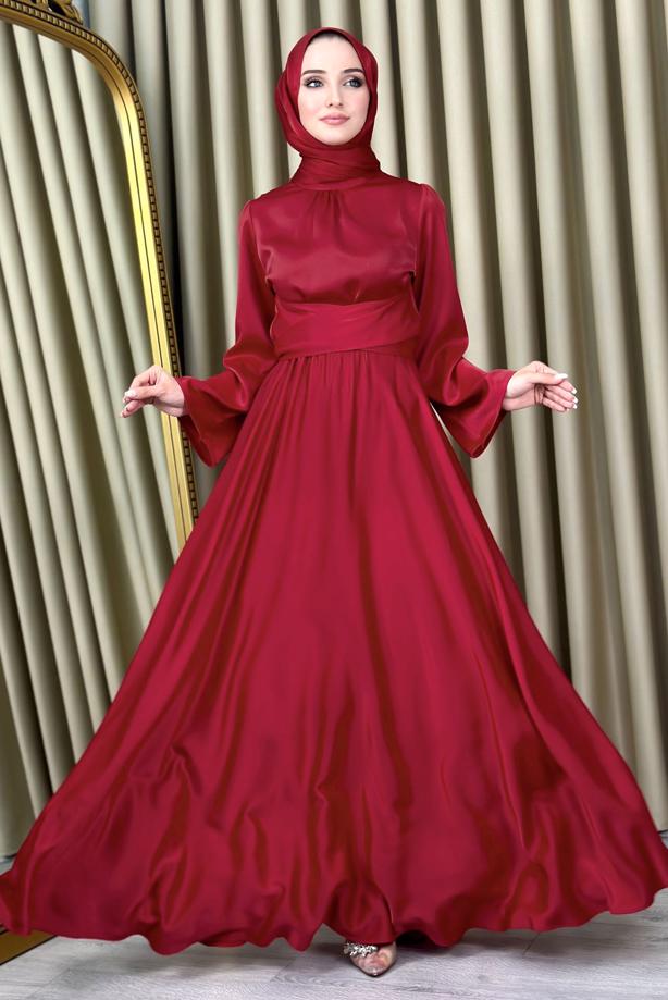 Tesettür giyim  KUŞAKLI TESETTÜR ABİYE ELBİSE T 5016 - TRENDTESETTÜR