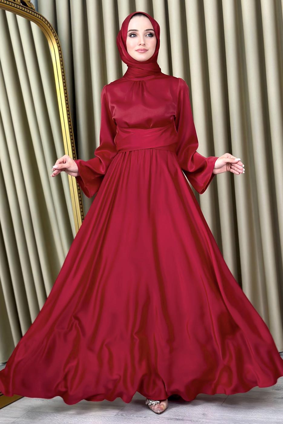 Vêtements hijab ROUGE ROBE DE SOIRÉE MODESTE CEINTURE T 5016