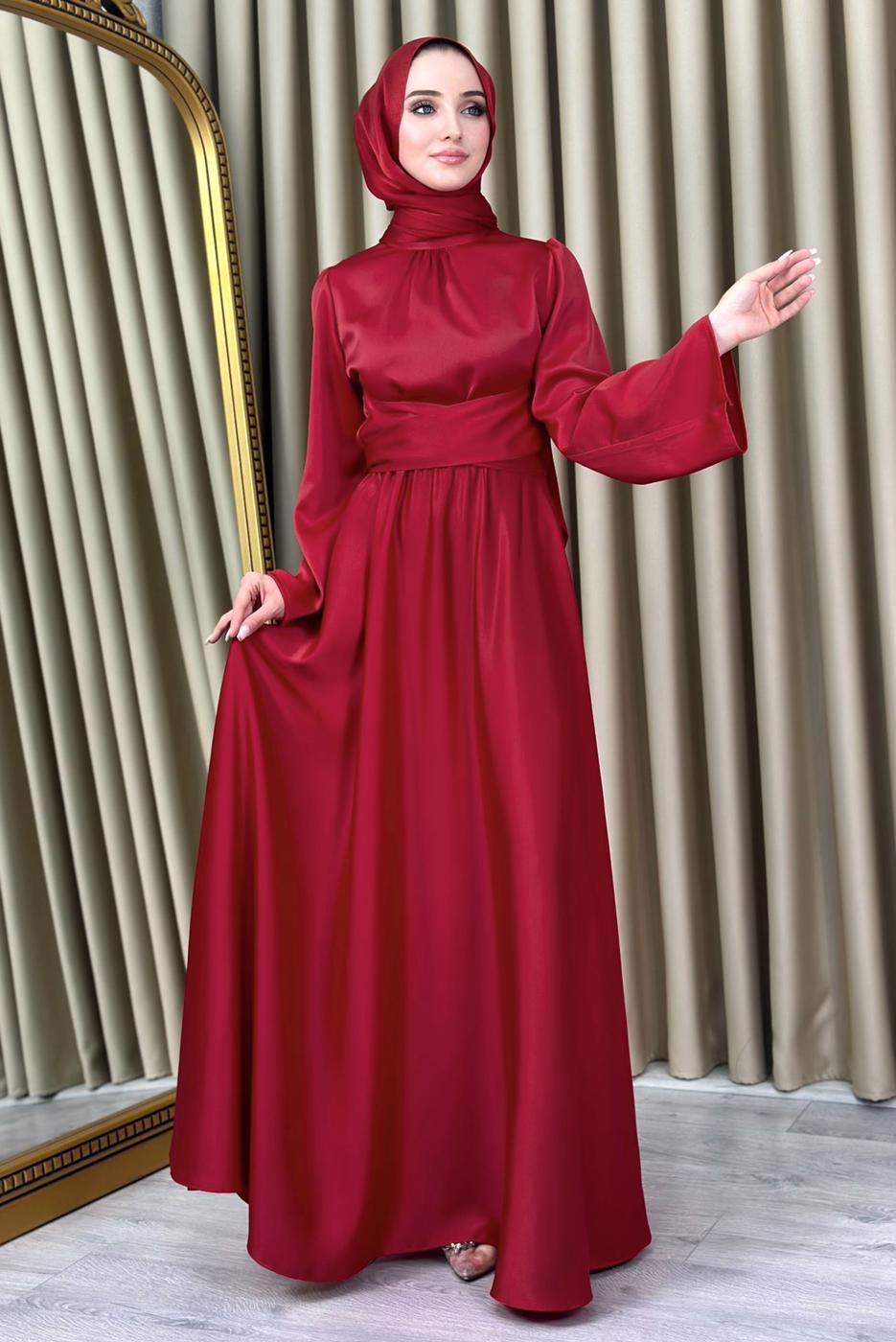 Vêtements hijab ROUGE ROBE DE SOIRÉE MODESTE CEINTURE T 5016