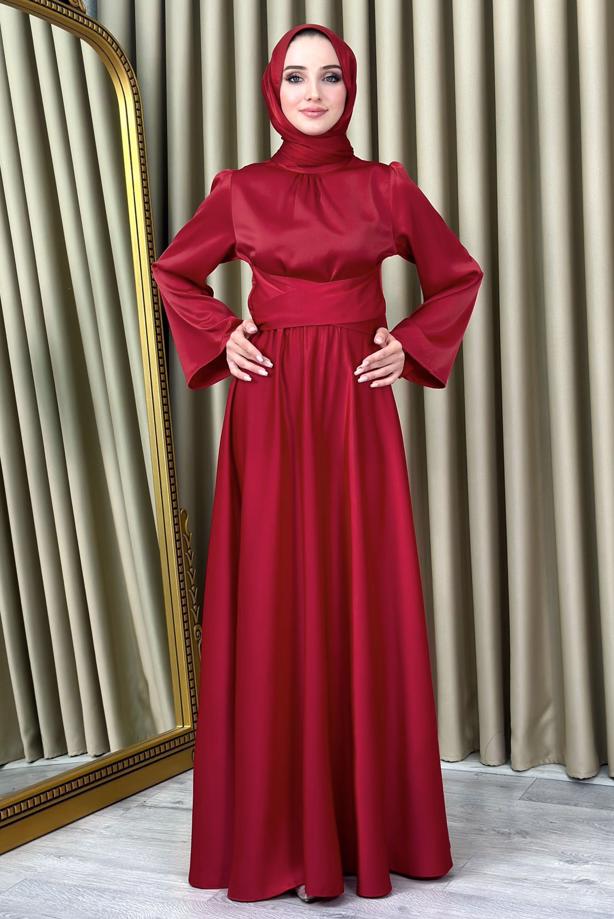 Tesettür giyim  KUŞAKLI TESETTÜR ABİYE ELBİSE T 5016 - TRENDTESETTÜR
