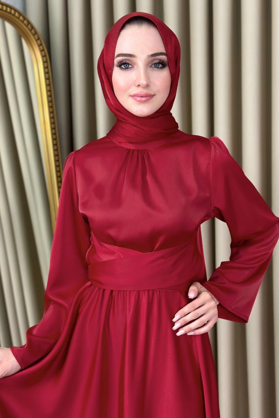 Vêtements hijab ROUGE ROBE DE SOIRÉE MODESTE CEINTURE T 5016