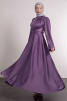 Tesettür giyim MOR KUŞAKLI TESETTÜR ABİYE ELBİSE T 5016