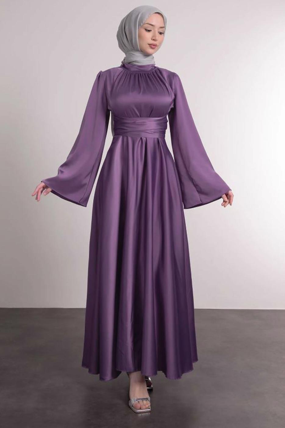 Tesettür giyim MOR KUŞAKLI TESETTÜR ABİYE ELBİSE T 5016