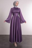 Tesettür giyim MOR KUŞAKLI TESETTÜR ABİYE ELBİSE T 5016