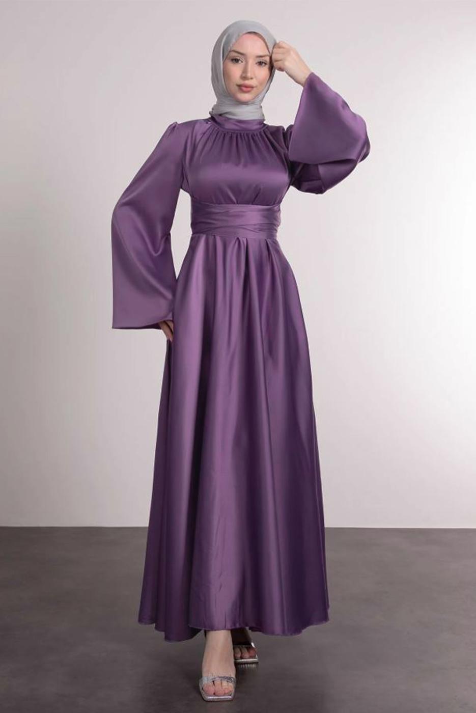 Tesettür giyim MOR KUŞAKLI TESETTÜR ABİYE ELBİSE T 5016