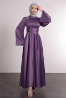 Tesettür giyim MOR KUŞAKLI TESETTÜR ABİYE ELBİSE T 5016