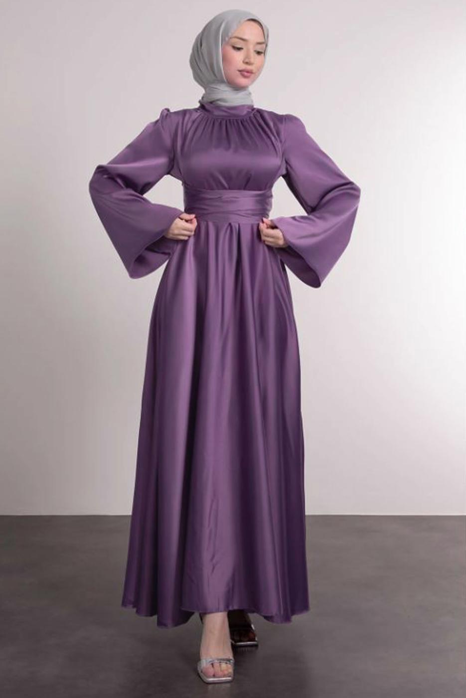 Tesettür giyim MOR KUŞAKLI TESETTÜR ABİYE ELBİSE T 5016