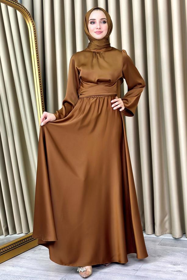 Tesettür giyim  KUŞAKLI TESETTÜR ABİYE ELBİSE T 5016 - TRENDTESETTÜR