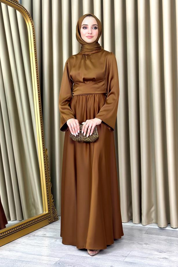 Tesettür giyim  KUŞAKLI TESETTÜR ABİYE ELBİSE T 5016 - TRENDTESETTÜR