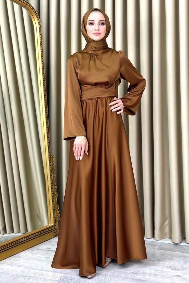 Tesettür giyim  KUŞAKLI TESETTÜR ABİYE ELBİSE T 5016 - TRENDTESETTÜR