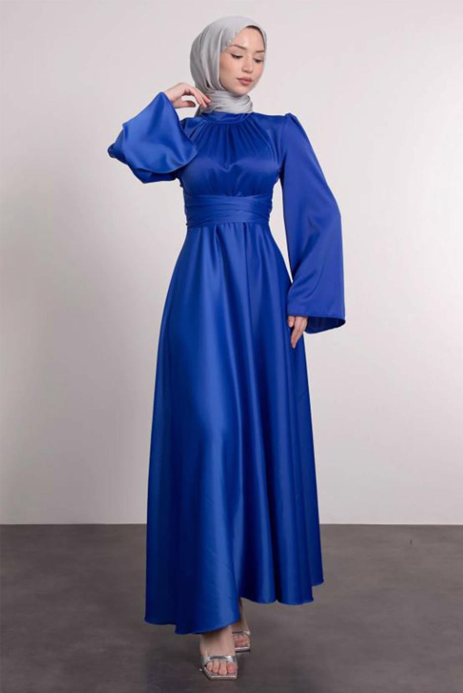 Tesettür giyim LACİVERT KUŞAKLI TESETTÜR ABİYE ELBİSE T 5016