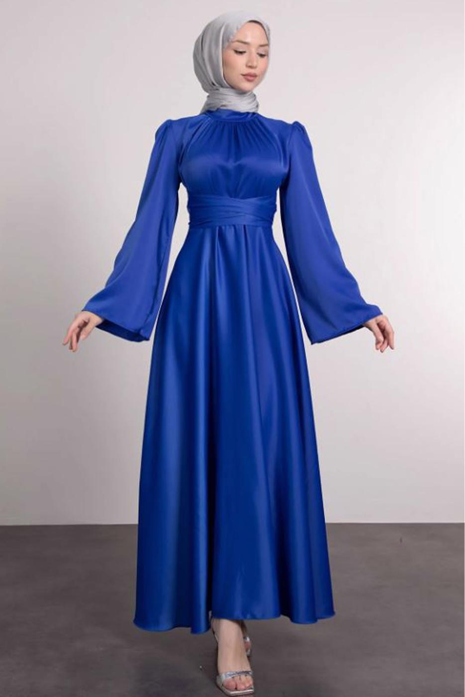 Tesettür giyim LACİVERT KUŞAKLI TESETTÜR ABİYE ELBİSE T 5016
