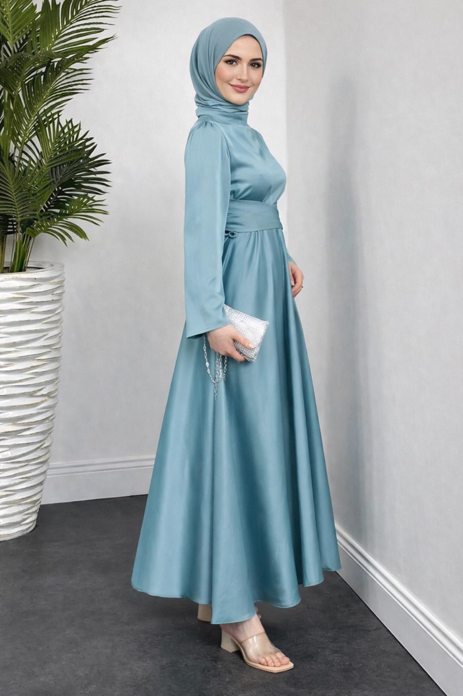 Tesettür giyim MAVİ KUŞAKLI TESETTÜR ABİYE ELBİSE T 5016