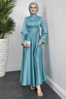 Tesettür giyim MAVİ KUŞAKLI TESETTÜR ABİYE ELBİSE T 5016