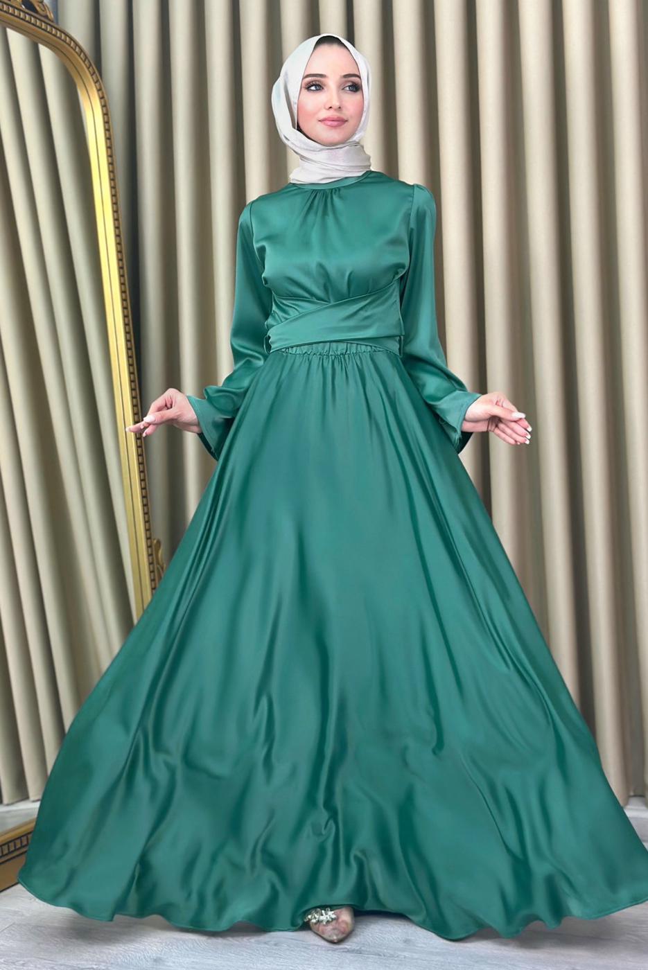 Tesettür giyim YEŞİL KUŞAKLI TESETTÜR ABİYE ELBİSE T 5016