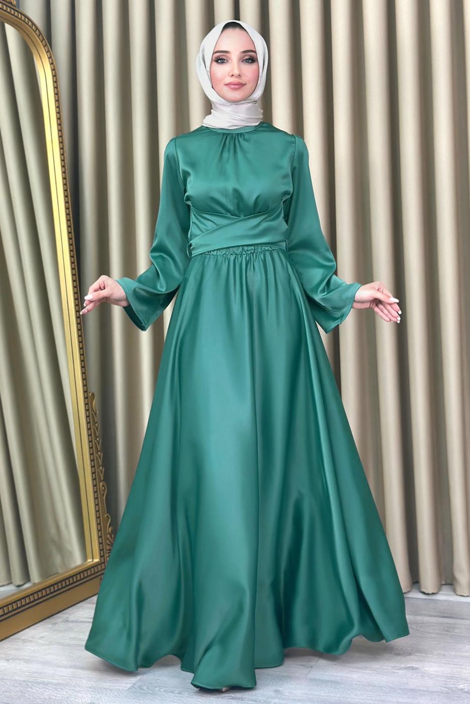Tesettür giyim YEŞİL KUŞAKLI TESETTÜR ABİYE ELBİSE T 5016