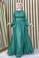 Tesettür giyim YEŞİL KUŞAKLI TESETTÜR ABİYE ELBİSE T 5016