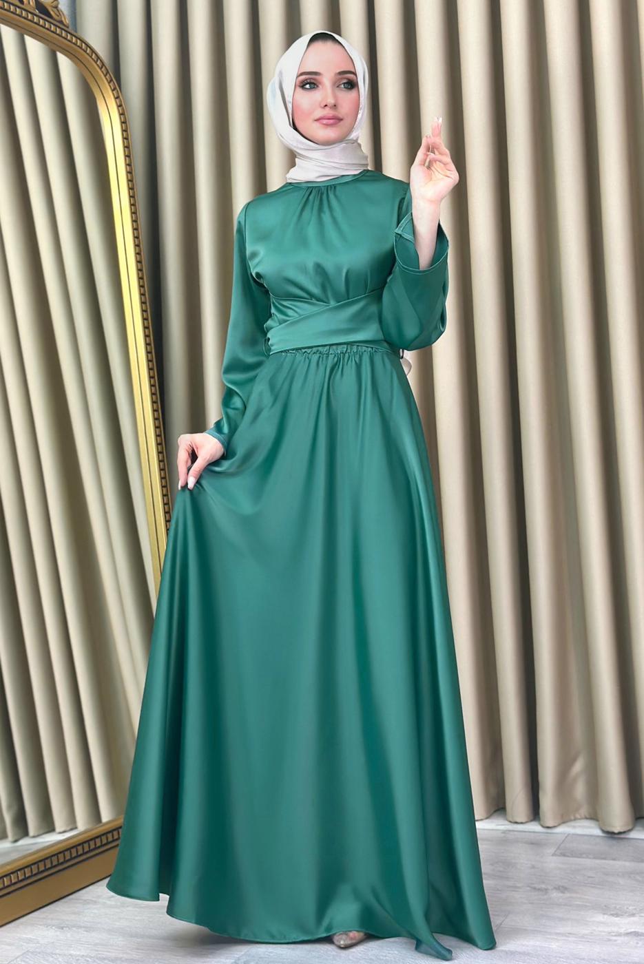 Tesettür giyim YEŞİL KUŞAKLI TESETTÜR ABİYE ELBİSE T 5016