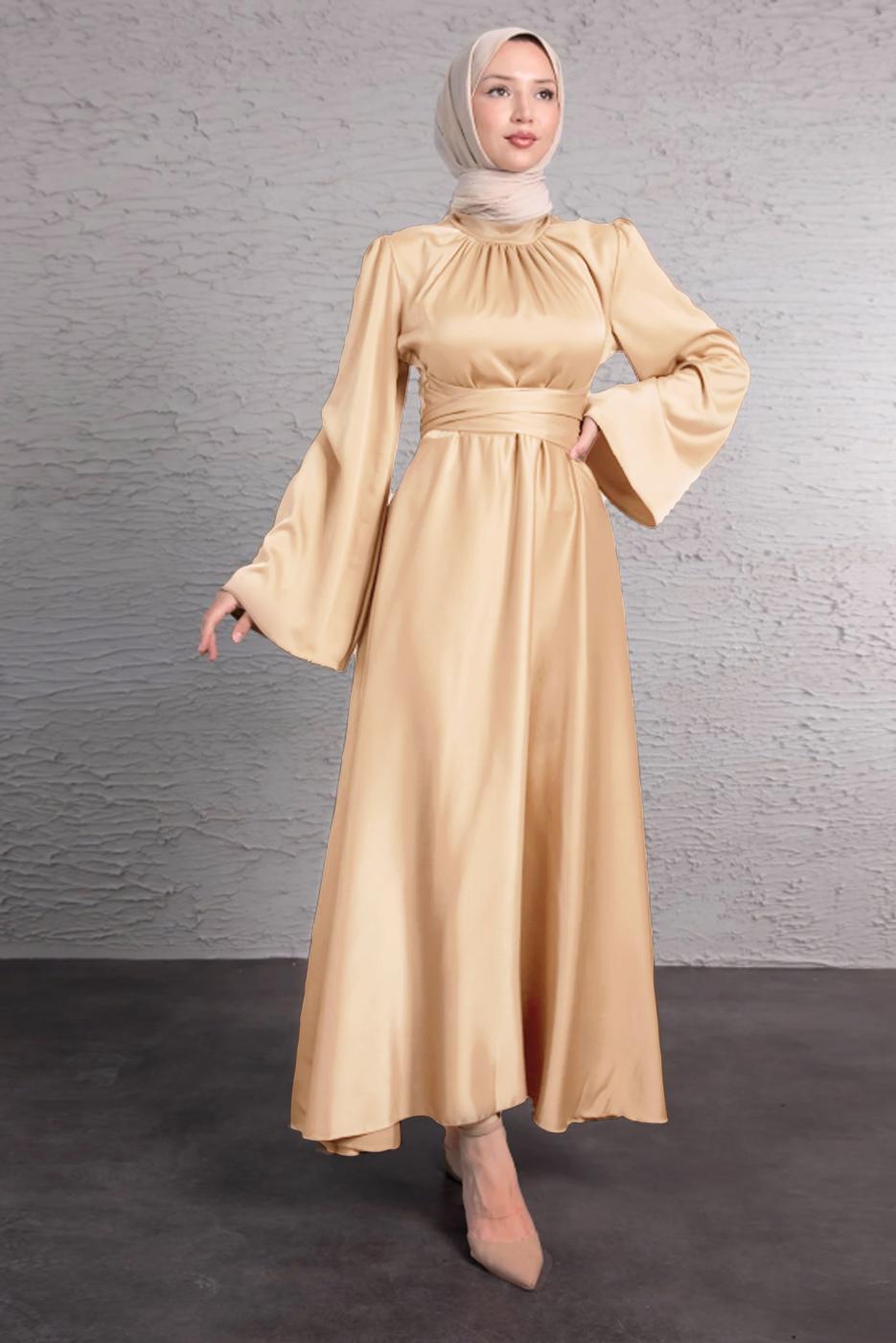 Tesettür giyim TURUNCU KUŞAKLI TESETTÜR ABİYE ELBİSE T 5016
