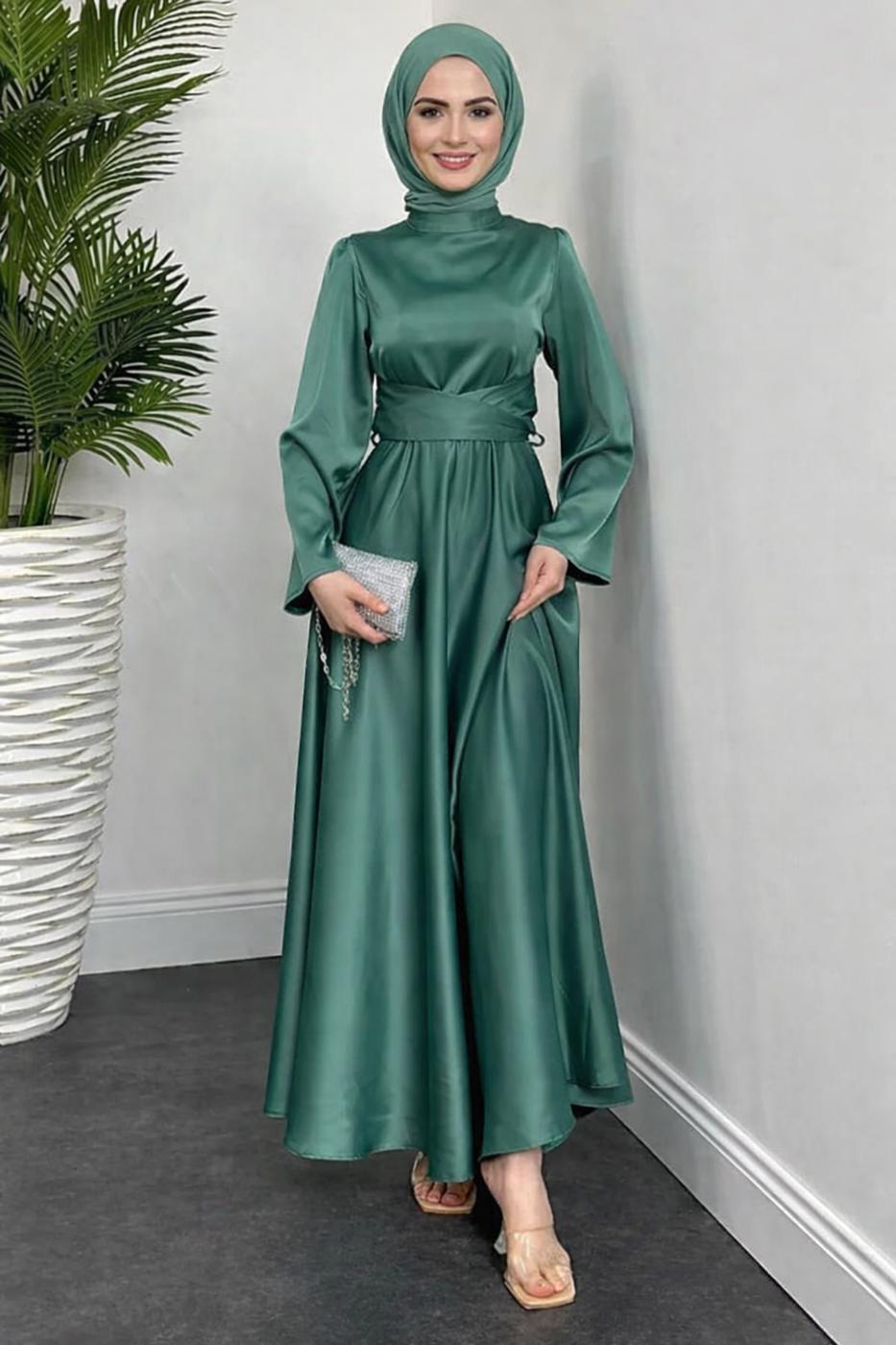 Tesettür giyim YEŞİL KUŞAKLI TESETTÜR ABİYE ELBİSE T 5016