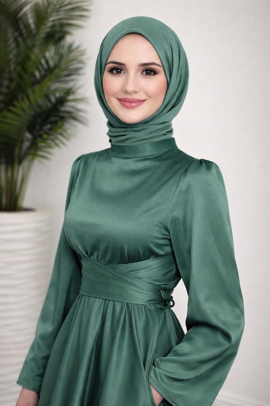 Tesettür giyim YEŞİL KUŞAKLI TESETTÜR ABİYE ELBİSE T 5016