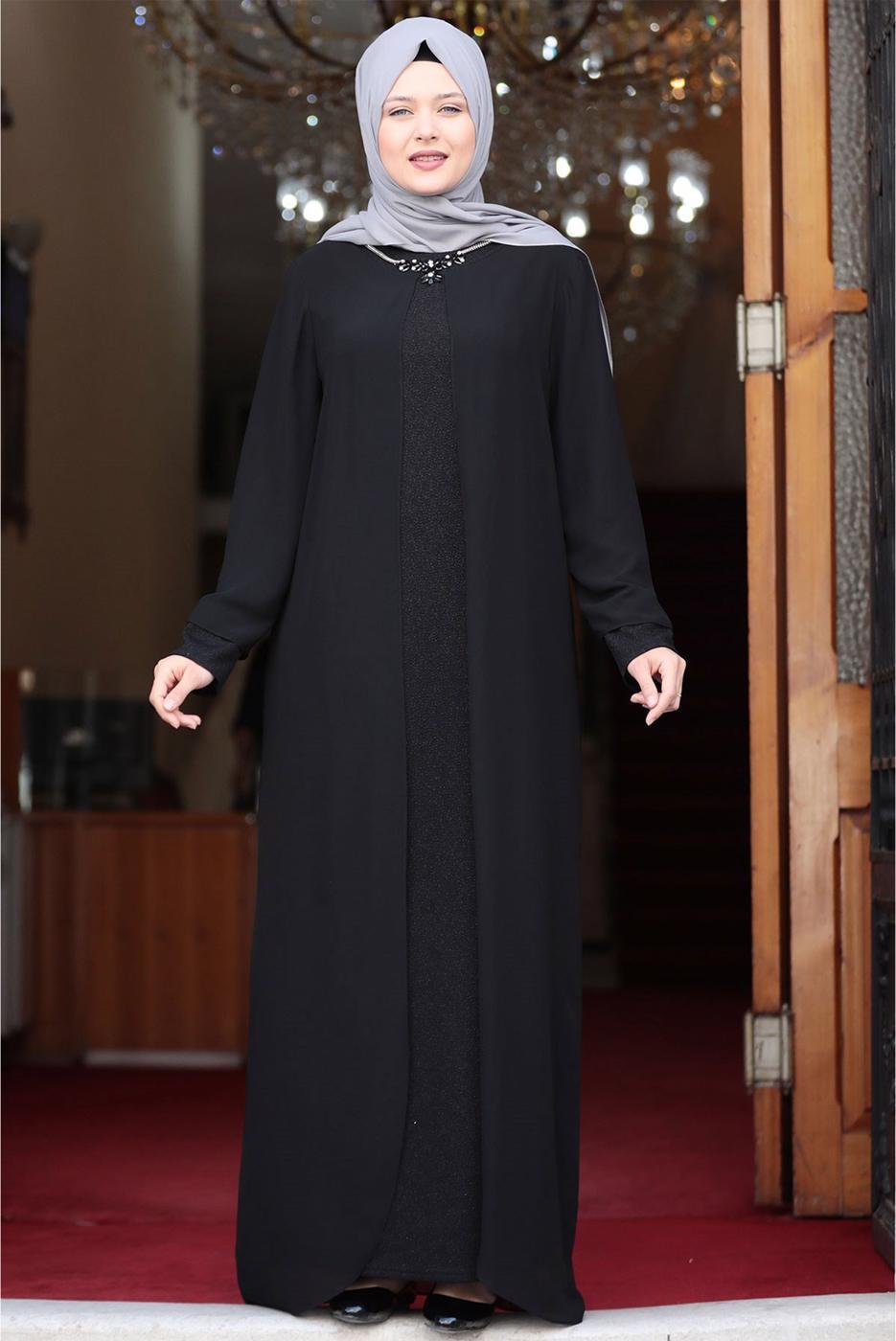 Tesettür giyim SİYAH BÜYÜK BEDEN ŞİFON ABİYE ELBİSE T 5033