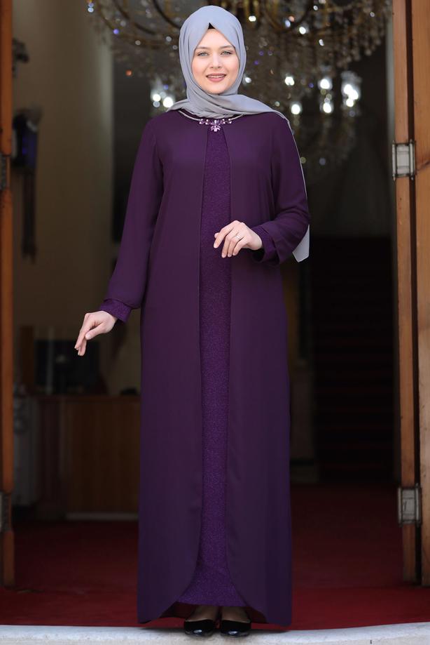 Tesettür giyim MOR BÜYÜK BEDEN ŞİFON ABİYE ELBİSE T 5033 - TRENDTESETTÜR