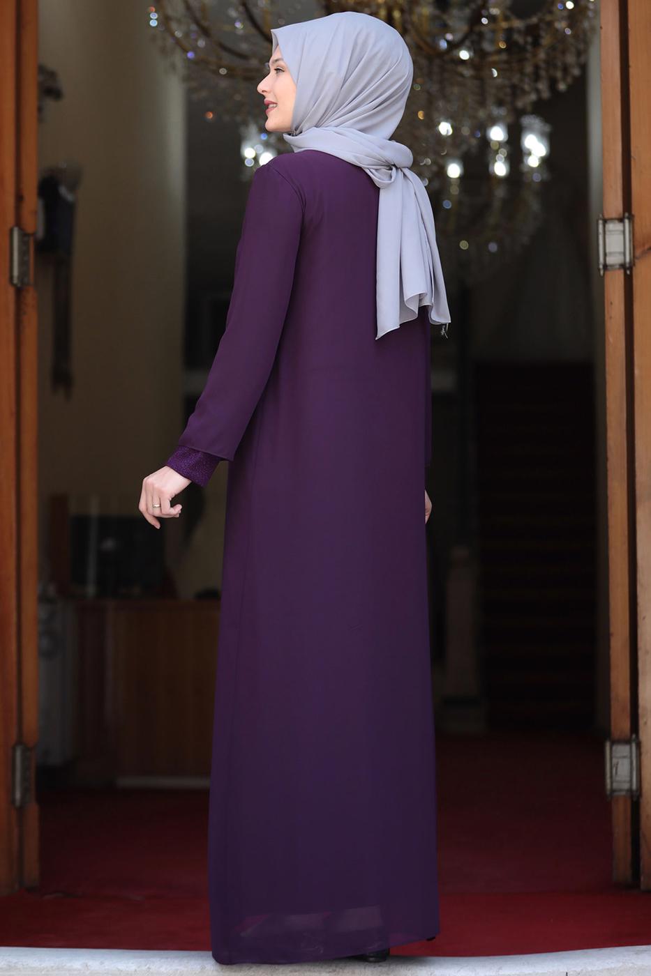 Tesettür giyim MOR BÜYÜK BEDEN ŞİFON ABİYE ELBİSE T 5033